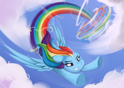 Size: 3508x2480 | Tagged: safe, artist:andelai, derpibooru import, rainbow dash, pegasus, pony, g4, cloud, flying, rainbow, rainbow trail, sky, solo, sonic rainboom