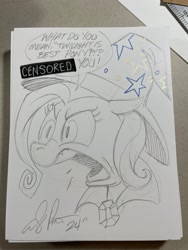 Size: 1536x2048 | Tagged: safe, artist:andypriceart, derpibooru import, trixie, pony, unicorn, g4, andy you magnificent bastard, angry, censored, censored vulgarity, clothes, female, hat, horn, mare, partial color, pencil drawing, solo, traditional art, trixie's hat, yelling