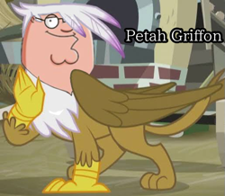 Size: 515x450 | Tagged: safe, derpibooru import, edit, edited screencap, screencap, gilda, anthro, griffon, human, g4, the lost treasure of griffonstone, brick, brick wall, bricks, claws, family guy, glasses, griffonstone, hair over one eye, humanized, leonine tail, looking at you, meme, peter griffin, smiling, smiling at you, smirk, solo, tail, text, waving, waving at you, wings