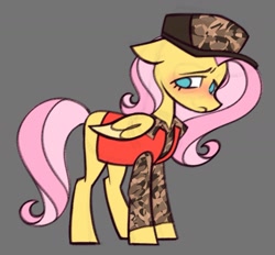 Size: 1595x1479 | Tagged: safe, artist:partyponypower, derpibooru import, fluttershy, pegasus, pony, g4, bobby baccalieri, camouflage, cap, clothes, collared shirt, colored, colored sketch, colored wings, colored wingtips, eyelashes, female, flat colors, folded wings, frown, gray background, hat, lidded eyes, looking back, mare, missing cutie mark, no catchlights, no pupils, pink mane, pink tail, shirt, simple background, sketch, solo, standing, tail, the sopranos, two toned mane, two toned tail, two toned wings, vest, wavy mane, wavy tail, wings, yellow wingtips