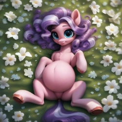 Size: 1024x1024 | Tagged: safe, ai content, derpibooru import, machine learning assisted, machine learning generated, cookie crumbles, earth pony, pony, g4, belly, big belly, crotch, female, flower, lying, lying down, lying on meadow, mare, meadow, prompter:jaguarcalamitydejv, solo