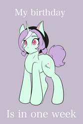 Size: 1365x2048 | Tagged: safe, artist:mscolorsplash, derpibooru import, oc, oc only, oc:mod chi, pony, unicorn, beanie, blank stare, colored pupils, eye clipping through hair, eyebrows, eyebrows visible through hair, female, gray background, hat, horn, mare, ponysona, purple background, simple background, solo, text