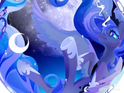 Size: 1439x1080 | Tagged: safe, artist:布丁, derpibooru import, princess luna, alicorn, g4, hoof heart, moon, red little book source, smiling, solo, underhoof, upside-down hoof heart