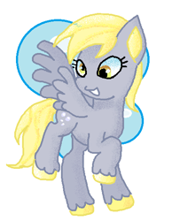 Size: 420x542 | Tagged: safe, artist:sunnyloquacity, derpibooru import, derpy hooves, pegasus, pony, g4, cute, derpabetes, female, grin, mare, raised hoof, raised leg, smiling, solo, unshorn fetlocks