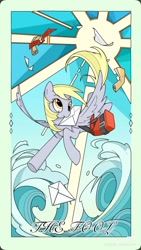 Size: 1080x1920 | Tagged: safe, artist:布丁, derpibooru import, derpy hooves, pegasus, g4, bag, mail, mailpony, ocean, passepartout, red little book source, saddle bag, solo, tarot card, water, wave