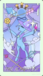 Size: 1080x1920 | Tagged: safe, artist:布丁, derpibooru import, trixie, unicorn, g4, epee, fireworks, goblet, horn, infinity, magician, passepartout, rapier, red little book source, solo, sword, tarot card, wand, weapon