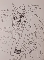 Size: 1505x2048 | Tagged: safe, artist:pony quarantine, derpibooru import, oc, oc only, oc:dyx, alicorn, pony, backless, black sclera, booth, cigarette, clothes, dialogue, female, implied cloudy daze, looking at you, mare, older, older dyx, open mouth, open smile, open-back sweater, pen drawing, sharp teeth, sleeveless, sleeveless sweater, smiling, smiling at you, smoking, solo, spiked wristband, sweater, talking to viewer, teeth, traditional art, virgin killer sweater, wristband