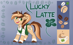 Size: 2936x1809 | Tagged: safe, artist:rutkotka, derpibooru import, oc, oc only, oc:lucky latte, pony, unicorn, abstract background, apron, barista, brown hooves, brown mane, brown tail, clothes, coat markings, coffee, collared shirt, color palette, colored hooves, cream coat, eyelashes, female, freckles, gradient background, green eyes, green text, hooves, horn, long tail, looking back, mare, mare oc, multicolored tail, multicolroed mane, open mouth, open smile, ponytail, reference sheet, shirt, smiling, socks (coat marking), solo, standing, tail, text, tied mane, unicorn horn, unicorn oc, white shirt