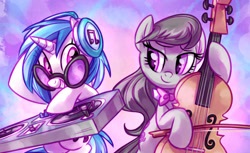 Size: 5196x3188 | Tagged: safe, artist:whitediamonds, derpibooru import, dj pon-3, octavia melody, vinyl scratch, earth pony, pony, unicorn, g4, absurd resolution, bipedal, bow (instrument), bowtie, cello, duo, duo female, female, grin, hoof hold, horn, lesbian, looking at each other, looking at someone, mare, musical instrument, octavia's bowtie, scratchtavia, shipping, smiling, smiling at each other, turntable, vinyl's glasses, vinyl's headphones