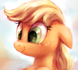 Size: 836x750 | Tagged: safe, artist:whitediamonds, derpibooru import, applejack, earth pony, pony, g4, appul, bust, cute, ear fluff, ears, female, floppy ears, freckles, hatless, jackabetes, mare, missing accessory, nose wrinkle, portrait, smiling, solo, wip