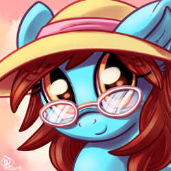 Size: 1800x1800 | Tagged: safe, artist:whitediamonds, derpibooru import, oc, oc only, oc:mystic lens, pony, bust, commission, female, glasses, hat, looking at you, mare, portrait, smiling, smiling at you, solo, sun hat