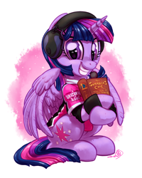 Size: 1600x2000 | Tagged: safe, artist:whitediamonds, derpibooru import, twilight sparkle, twilight sparkle (alicorn), alicorn, pony, g4, book, female, gaming headset, grin, headphones, headset, headset mic, horn, looking at you, mare, microphone, signature, sitting, smiling, smiling at you, solo, tail, wings