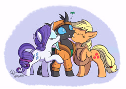 Size: 5889x4136 | Tagged: safe, artist:sketchychangeling, artist:whitediamonds, derpibooru import, applejack, rarity, oc, oc:sketchy bughorse, changeling, earth pony, unicorn, collaboration, g4, absurd resolution, applejack's hat, canon x oc, changeling oc, clothes, cowboy hat, eyes closed, eyeshadow, fangs, female, hat, holeless, horn, kiss on the cheek, kiss sandwich, kissing, makeup, male, mare, raised hoof, raised leg, shipping, signature, smiling, straight, tail, trio