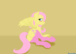 Size: 3508x2480 | Tagged: safe, alternate version, artist:samenandsam, derpibooru import, fluttershy, pegasus, pony, g4, blushing, butt, clothes, female, flutterbutt, gradient background, high res, lying down, mare, plot, socks, solo, spread wings, wings