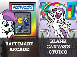 Size: 1024x768 | Tagged: safe, artist:tim-kangaroo, derpibooru import, oc, oc only, oc:blank canvas, oc:hoof beatz, earth pony, pegasus, pony, arcade game, bronycon, bronycon 2013, bronycon mascots, duo, earth pony oc, female, male, mare, pac-man, paintbrush, pegasus oc, stallion