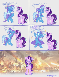 Size: 3081x4000 | Tagged: safe, artist:bishopony, derpibooru import, starlight glimmer, trixie, pony, unicorn, g4, baldur's gate, bipedal, blue coat, blue eyelashes, blue hooves, blue mane, blue tail, blue text, cape, clothes, colored eyelashes, colored hooves, comic, death stare, descent into avernus, dialogue, dungeons and dragons, duo, duo female, eyelashes, eyeshadow, female, frown, hat, hell, high res, hooves, horn, king of the hill, long mane, long tail, looking at someone, makeup, mare, narrowed eyes, no catchlights, no pupils, open frown, open mouth, pen and paper rpg, pink coat, pink eyeshadow, pointing, purple eyes, purple eyeshadow, purple hooves, purple text, raised hoof, raised hooves, raised leg, rpg, shiny hooves, signature, smiling, smiling at someone, speech bubble, standing, standing on three hooves, starlight glimmer is not amused, stars, tail, talking, text, trixie being trixie, trixie's cape, trixie's hat, two toned mane, two toned tail, unamused, unicorn horn, wall of tags