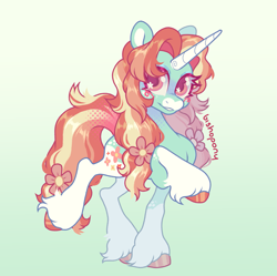 Size: 1875x1866 | Tagged: safe, artist:bishopony, derpibooru import, oc, oc only, oc:sweet pea, pony, unicorn, artfight, bipedal, blue coat, blue eyeshadow, blush scribble, blushing, coat markings, colored eyelashes, colored hooves, colored horn, colored muzzle, colored pinnae, colored pupils, cute, cutie mark eyes, eyeshadow, facial markings, female, fetlock tuft, flower, flower in hair, flower in tail, gift art, gradient background, halftone, hooves, horn, long horn, long mane, long tail, looking at you, looking back, magenta eyelashes, makeup, mare, ocbetes, orange eyes, orange hooves, red pupils, red text, screentone, shiny eyelashes, shiny hooves, shiny mane, shiny tail, signature, slender, smiling, smiling at you, socks (coat marking), solo, tail, text, thick eyelashes, thin, thin legs, three toned mane, three toned tail, unicorn horn, unicorn oc, unshorn fetlocks, wall of tags, wingding eyes