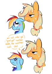 Size: 726x1036 | Tagged: safe, artist:appledash3r_, derpibooru import, applejack, rainbow dash, earth pony, pegasus, pony, g4, 2 panel comic, appledash, applejack is not amused, blonde, blonde mane, blue coat, blush lines, blushing, comic, crying, dialogue, duo, duo female, ears, eye clipping through hair, female, floppy ears, freckles, frown, hatless, i'm not calling you good boy, lesbian, looking at someone, mare, meme, missing accessory, multicolored hair, multicolored mane, narrowed eyes, open frown, open mouth, orange coat, orange text, ponified, ponified meme, ponytail, profile, rainbow hair, shipping, simple background, smiling, smiling at someone, speech bubble, talking, teeth, text, tied mane, unamused, vulgar, wet, wet fur, wet mane, white background