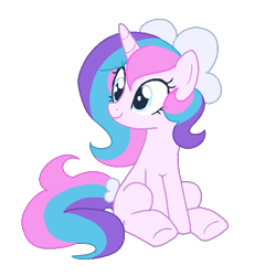 Size: 600x600 | Tagged: safe, derpibooru import, edit, pony, unicorn, g4, anonymous editor, blue eyes, bow, colored lineart, eye clipping through hair, eyelashes, female, hair accessory, hair bow, horn, looking offscreen, mane accessory, mare, pixel-crisp art, redesign, show accurate, simple background, sitting, smiling, solo, star dreams, tail, tail bow, three toned mane, three toned tail, tied tail, transparent background, white bow