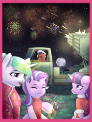 Size: 1536x2048 | Tagged: safe, artist:stephen_sen, derpibooru import, princess celestia, starlight glimmer, twilight sparkle, oc, alicorn, griffon, pony, unicorn, g4, cheongsam, chinese new year, clothes, dress, eyes closed, fireworks, griffon oc, horn, lunar new year, missile launcher, smiling, vehicle, wavy mouth