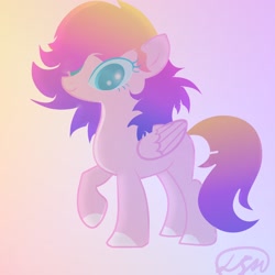 Size: 2560x2560 | Tagged: safe, artist:derpyshy, derpibooru import, oc, oc only, pegasus, pony, blank flank, blue sclera, colored eyelashes, colored hooves, colored pupils, colored sclera, eye clipping through hair, folded wings, gradient background, gradient mane, gradient tail, hooves, long mane, long tail, looking at you, multicolored mane, multicolored tail, oc name needed, pegasus oc, pink coat, raised hoof, raised leg, smiling, smiling at you, sparkly mane, sparkly tail, standing, tail, teal eyelashes, teal pupils, white hooves, wings