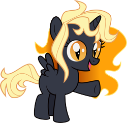 Size: 8351x8079 | Tagged: safe, artist:shootingstarsentry, derpibooru import, oc, oc only, oc:sunny, alicorn, pony, g4, absurd resolution, alicorn oc, alternate universe, base used, black coat, eyelashes, female, filly, foal, gradient eyes, gradient mane, horn, looking at you, open mouth, open smile, orange eyes, raised hoof, raised leg, show accurate, simple background, slit eyes, smiling, smiling at you, solo, spread wings, standing, standing on three hooves, tail, transparent background, two toned mane, wings, yellow mane, yellow tail