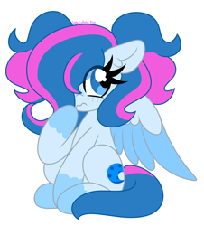 Size: 1804x2000 | Tagged: safe, artist:ladylullabystar, derpibooru import, oc, oc only, pegasus, pony, big eyes, blue coat, blue eyes, blue wingtips, coat markings, colored, colored wings, colored wingtips, commission, ear fluff, ears, eyelashes, female, flat colors, freckles, frown, hair over one eye, looking away, mare, pegasus oc, pigtails, signature, simple background, socks (coat marking), solo, spread wings, tail, thick eyelashes, tied mane, transparent background, two toned mane, two toned tail, two toned wings, wings