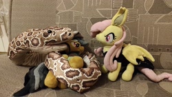 Size: 4640x2610 | Tagged: safe, artist:mgrdash, derpibooru import, daring do, fluttershy, bat pony, pegasus, pony, snake, g4, bat ponified, flutterbat, irl, photo, plushie, ponies in real life, race swap