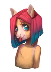 Size: 905x1280 | Tagged: safe, artist:obvik, derpibooru import, oc, anthro, earth pony, big eyes, blue eyes, brown coat, bust, commission, earth pony oc, eyebrows, eyelashes, female, female oc, looking at you, nose piercing, piercing, portrait, simple background, snout, solo, starry eyes, tongue, tongue out, two toned hair, unnamed oc, white background, wingding eyes, ych result, your character here