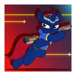 Size: 5000x5000 | Tagged: safe, artist:jhayarr23, derpibooru import, oc, oc only, oc:bit shift, pony, unicorn, fallout equestria, action, action pose, blue coat, brain, clothes, gradient background, horn, jumpsuit, laser, laser pistol, male, organs, passepartout, red eyes, red tail, solo, tail, vault suit