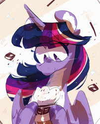 Size: 2550x3150 | Tagged: safe, artist:pakmur, derpibooru import, twilight sparkle, twilight sparkle (alicorn), alicorn, g4, abstract background, alternate design, bust, chest fluff, countershading, drink, ear fluff, ears, milkshake, portrait, solo