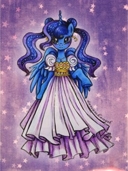 Size: 2250x3000 | Tagged: safe, artist:dariarchangel, derpibooru import, princess luna, alicorn, pony, semi-anthro, g4, bipedal, blue coat, blue eyes, clothes, crescent moon, crossover, cute, dress, ear piercing, earring, ethereal hair, ethereal mane, female, jewelry, looking at you, lunabetes, mare, moon, necklace, odango, piercing, princess serenity, purple background, sailor luna, sailor moon, sailor moon (series), simple background, solo, starry mane, stars, wavy mane, white dress