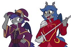 Size: 1500x1000 | Tagged: safe, artist:bluecoffeedog, derpibooru import, oc, oc only, oc:dusk rhine, oc:racket rhine, anthro, bat pony, bat pony oc, bat wings, blue hair, brother, brother and sister, clothes, coat, colored, costume, cravat, duo, duo male and female, ear tufts, fangs, female, female oc, flat colors, gray coat, halloween, halloween costume, hat, holiday, looking at each other, looking at someone, male, male oc, open mouth, rapier, shoulder armor, siblings, simple background, sister, small wings, smiling, sword, weapon, white background, wings, wizard, wizard hat, wizard robe