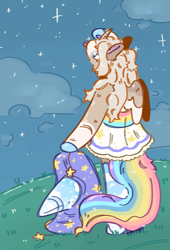 Size: 939x1378 | Tagged: safe, artist:tottallytoby, derpibooru import, oc, oc only, oc:baby, alicorn, semi-anthro, alicorn oc, artfight, blue eyes, blue hooves, blue socks, cheek fluff, clothes, cloud, coat markings, colored hooves, colored muzzle, colored pinnae, colored wings, colored wingtips, cream mane, cream wingtips, curved horn, dress, facial markings, female, frilly, frilly dress, gift art, grass, hat, hill, hoof hold, hoof over head, hooves, horn, long socks, looking up, mare, mealy mouth (coat marking), multicolored hair, multicolored tail, night, outdoors, pale muzzle, partially open wings, pleated skirt, rainbow hair, raised hoof, raised leg, shiny mane, shiny tail, shoulder fluff, skirt, socks, socks (coat marking), solo, stargazing, stars, tail, thigh highs, three toned wings, tongue, tongue out, wall of tags, white dress, white pupils, wings, wizard hat