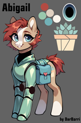 Size: 1440x2200 | Tagged: safe, ai content, artist:darbarri, derpibooru import, machine learning assisted, oc, oc only, oc:abigail, earth pony, pony, armor, bag, blue eyes, brown fur, cute, female, gray background, looking at you, mare, red mane, red tail, reference sheet, saddle bag, short mane, short tail, simple background, smiling, smiling at you, solo, spots, tail