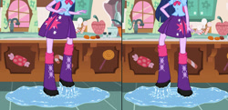 Size: 1280x621 | Tagged: safe, artist:dhot9230, derpibooru import, twilight sparkle, equestria girls, g4, boots, boots shot, clothes, high heel boots, kitchen, shirt, shoes, sink, skirt, solo, sticky situation