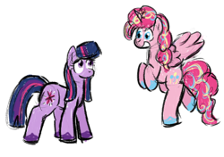 Size: 830x583 | Tagged: safe, artist:zoeyhorse, derpibooru import, pinkie pie, twilight sparkle, alicorn, earth pony, pony, g4, alicornified, alternate universe, duo, duo female, earth pony twilight, female, flying, looking at each other, looking at someone, mare, no mouth, open mouth, open smile, pinkiecorn, race swap, rainbow power, simple background, smiling, unshorn fetlocks, white background