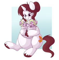 Size: 999x1021 | Tagged: safe, artist:lulubell, derpibooru import, oc, oc only, oc:amy, oc:sorbet, oc:yogurt, pony, unicorn, baby, blanket, cute, female, filly, foal, holding, holding a pony, horn, mare, ocbetes, pacifier, passepartout, pregnant, trio