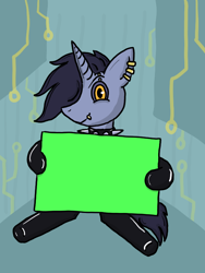 Size: 600x800 | Tagged: safe, artist:robipony, derpibooru import, oc, oc only, oc:tansha, pony, unicorn, choker, clothes, cyberpunk, detailed background, ear piercing, female, green screen, horn, lip piercing, mare, piercing, setting: neo somnambula, sign, solo, spiked choker, stockings, thigh highs, variant