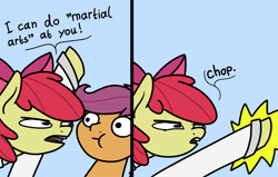 Size: 2048x1301 | Tagged: safe, artist:ewoudcponies, derpibooru import, apple bloom, scootaloo, earth pony, pegasus, pony, g4, 2 panel comic, clothes, comic, duo, duo female, female, filly, foal, gi, hitting, karate, light blue background, martial arts, simple background