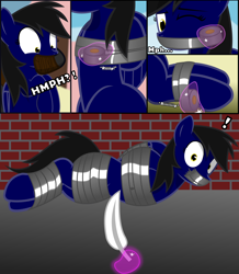 Size: 2600x2986 | Tagged: safe, artist:cardshark777, derpibooru import, oc, oc only, oc:shadow thunder, pegasus, pony, 4 panel comic, black mane, blurry background, bondage, bound and gagged, bound wings, brick wall, captive, comic, digital art, duct tape, feather, female, femsub, fetish, gag, helpless, hoof over mouth, imminent tickles, kidnapped, levitation, looking at you, lying down, magic, mare, offscreen character, one eye closed, pegasus oc, submissive, tape, tape bondage, tape gag, telekinesis, tickle fetish, tickle torture, tickling, tied up, wings