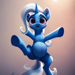 Size: 1024x1024 | Tagged: safe, ai content, derpibooru import, machine learning assisted, machine learning generated, trixie, pony, unicorn, g4, belly, big belly, female, horn, light, mare, prompter:jaguarcalamitydejv, solo, standing, standing on one hoof, trick