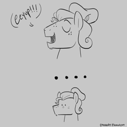 Size: 3000x3000 | Tagged: safe, artist:texacity, derpibooru import, part of a set, oc, oc only, oc:jazz apple, earth pony, pony, g4, ..., bust, dot eyes, eeyup, eyes closed, freckles, gray background, grayscale, like father like son, like parent like child, male, monochrome, offspring, open mouth, open smile, parent:big macintosh, parent:fluttershy, parents:fluttermac, signature, simple background, smiling, solo, speech bubble, stallion, sudden realization