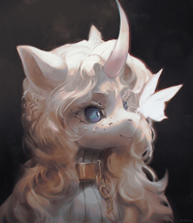 Size: 1668x1925 | Tagged: safe, artist:rvsd, derpibooru import, oc, oc only, butterfly, pony, unicorn, bust, butterfly on nose, chains, clothes, collar, curved horn, horn, insect on nose, male, portrait, smiling, solo, sweater, turtleneck