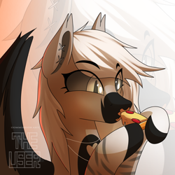 Size: 2000x2000 | Tagged: safe, artist:theuser, derpibooru import, oc, oc only, oc:devilvoice, bat pony, bat pony oc, ear piercing, eating, female, food, jewelry, necklace, pepperoni pizza, piercing, pizza, solo, zoom layer