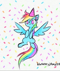 Size: 560x660 | Tagged: safe, artist:flutterberrypie, derpibooru import, rainbow dash, pegasus, pony, g4, confetti, cute, dashabetes, female, hat, hooves to the chest, looking at you, mare, no pupils, party hat, signature, simple background, smiling, smiling at you, solo, spread wings, white background, wings