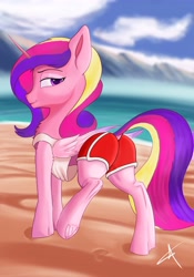 Size: 2867x4096 | Tagged: safe, artist:bluishdraft, derpibooru import, princess cadance, alicorn, pony, beach, clothes, female, shorts, solo