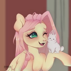 Size: 1000x1000 | Tagged: safe, artist:vivinhyan, derpibooru import, angel bunny, fluttershy, pegasus, pony, rabbit, animal, bust, duo, female, mare, nuzzling, one eye closed, open mouth, sitting, sitting on person, sitting on pony, smiling