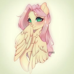 Size: 1000x1000 | Tagged: safe, artist:vivinhyan, derpibooru import, fluttershy, pegasus, pony, bust, cute, female, gradient background, hiding behind wing, looking at you, mare, shy, smiling, solo, wings