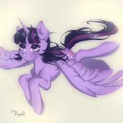 Size: 2160x2160 | Tagged: safe, artist:vivinhyan, derpibooru import, twilight sparkle, twilight sparkle (alicorn), alicorn, pony, female, flying, mare, simple background, solo